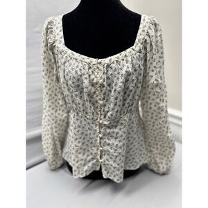 Old Navy Square Neck Blouse S Ditsy Floral Print Metallic Milk Maid Puff Sleeve